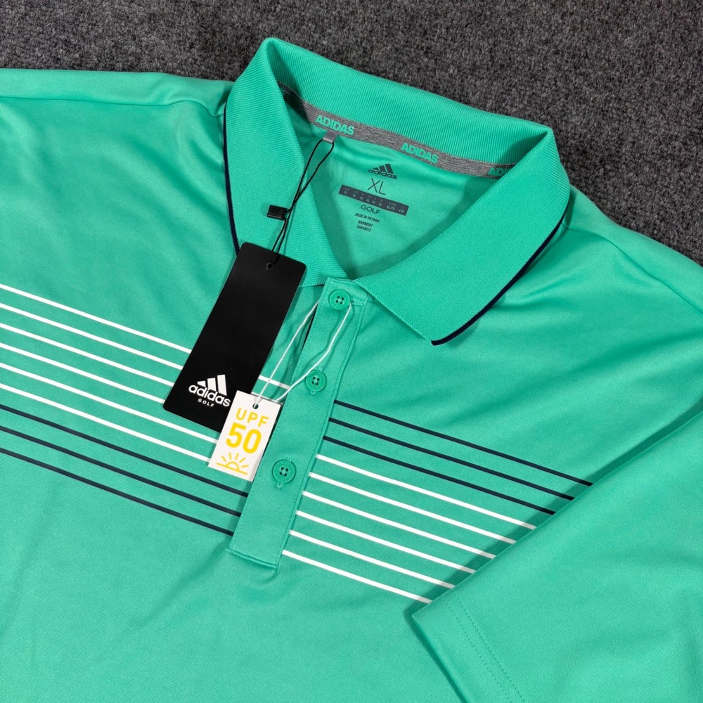 Adidas Golf Polo Shirt Mens XL Green Striped UPF 50 Performance Activewear New